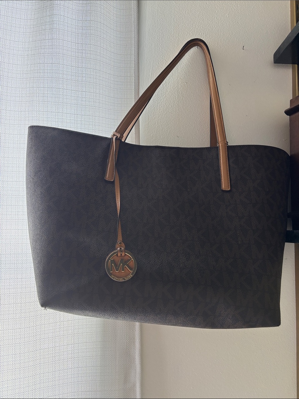 Michael Kors Brown Signature Tote with Tan Handles and Gold Charm